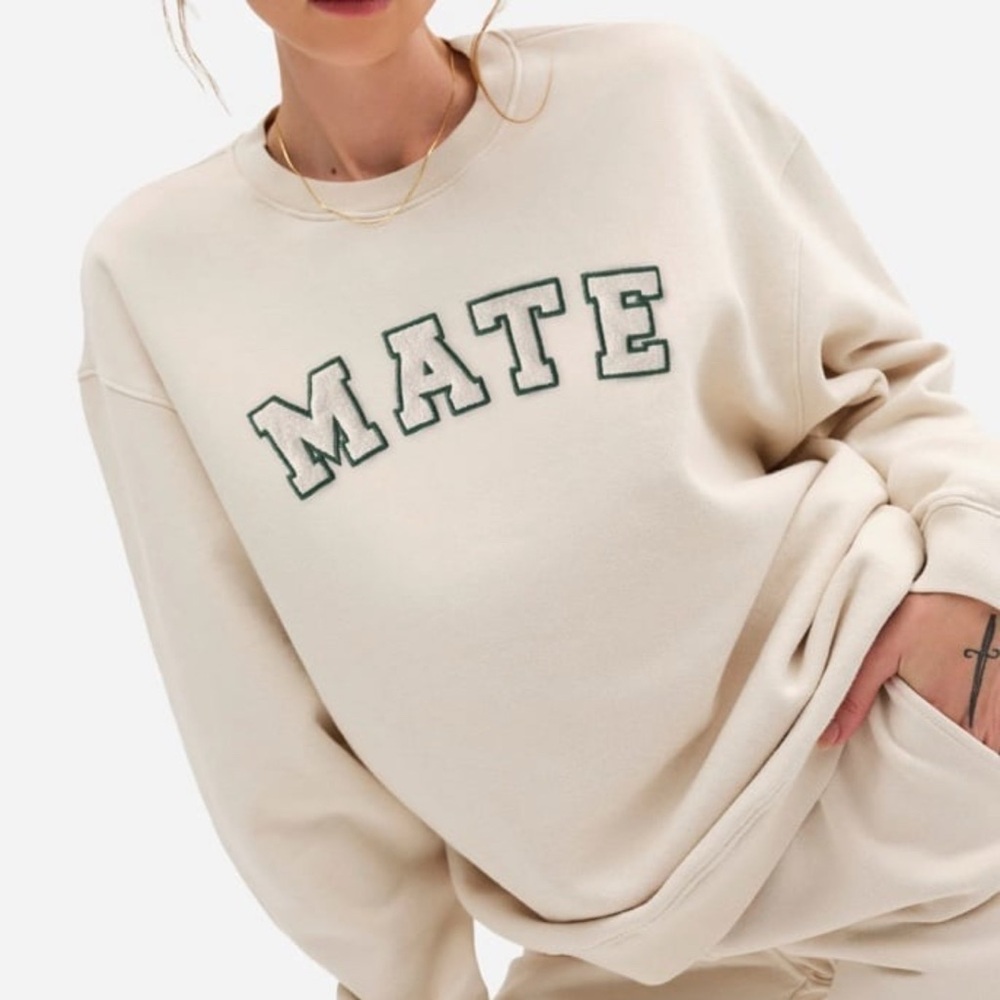 Mate The Label Organic Cotton Oversized Fleece Sweatshirt Bone Womens XS Small